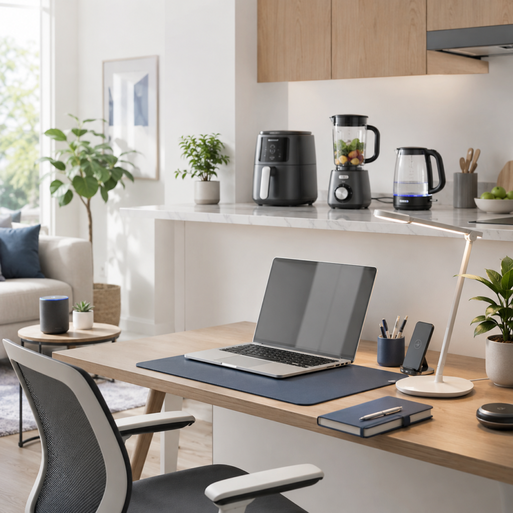 Modern home, kitchen, and desk setup with practical everyday gadgets
