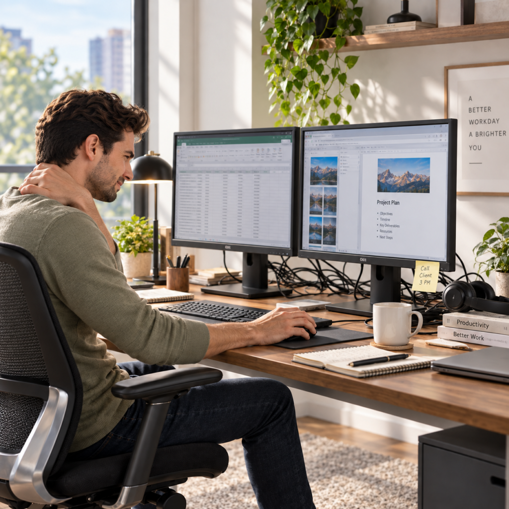 Person working at a busy wooden desk with two monitors and everyday work accessories.