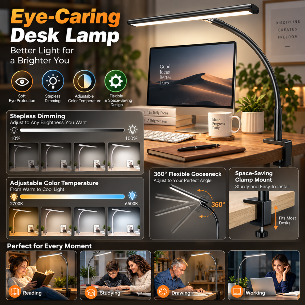 Desk lamp infographic illustrating dimming, color temperature, clamp mounting, flexible positioning, and reading, studying, drawing, and working.