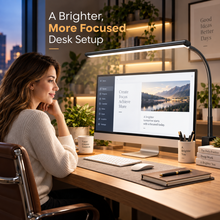 Woman seated at a desktop computer with a long black desk lamp positioned above the monitor.