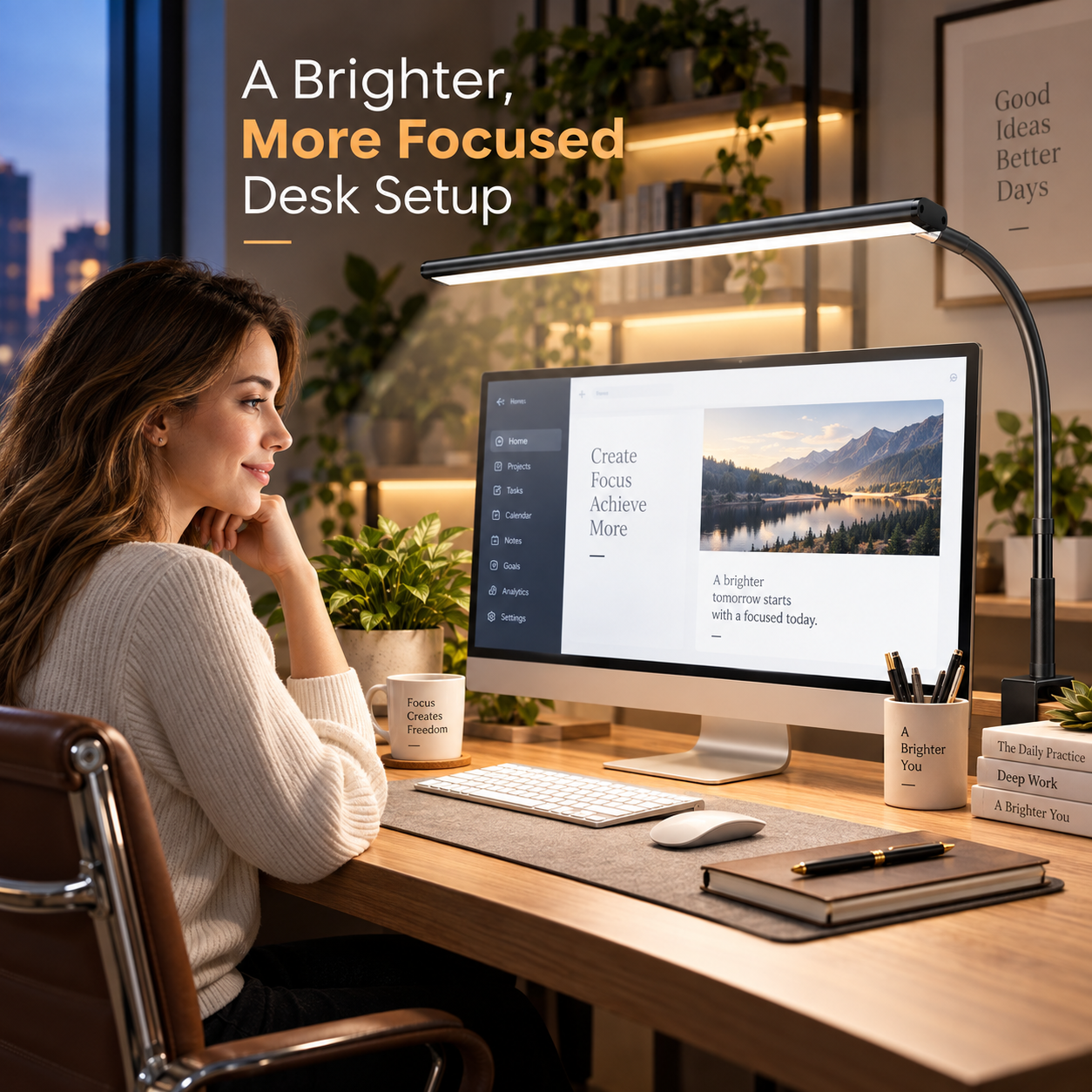 Woman seated at a desktop computer with a long black desk lamp positioned above the monitor.