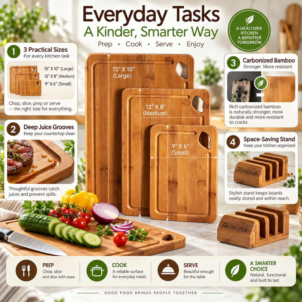 AsterCook bamboo cutting board set infographic showing three sizes, perimeter juice grooves, carbonized bamboo and a wooden storage stand.