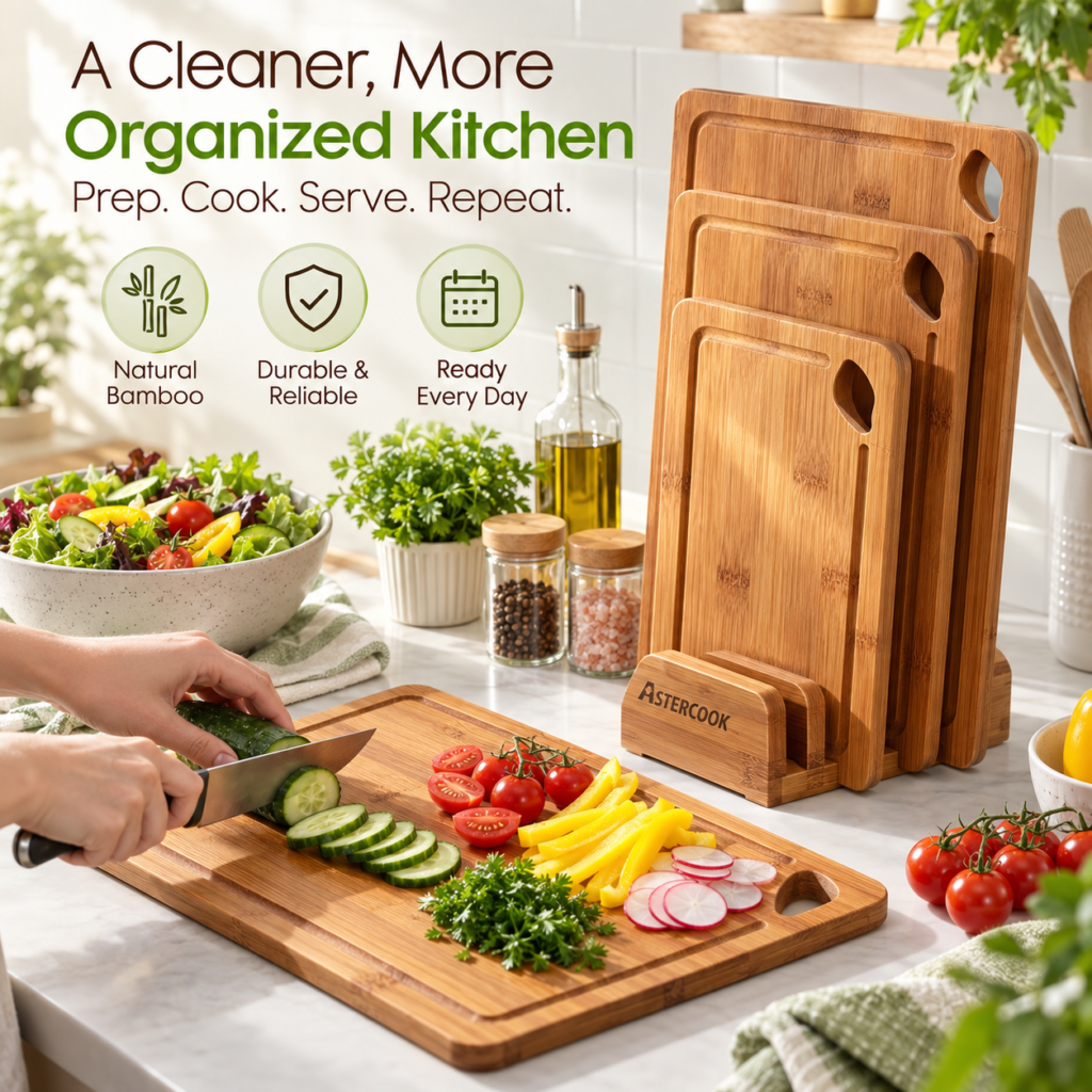 AsterCook bamboo cutting board set with three boards and storage stand beside fresh vegetables being sliced on a bamboo board.