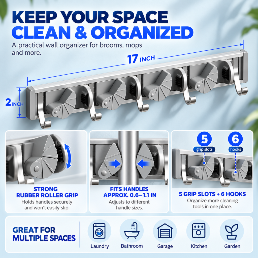 Infographic showing a Broom Holder Wall Mount with multiple grip slots, hooks, and approximate dimensions for home organization.