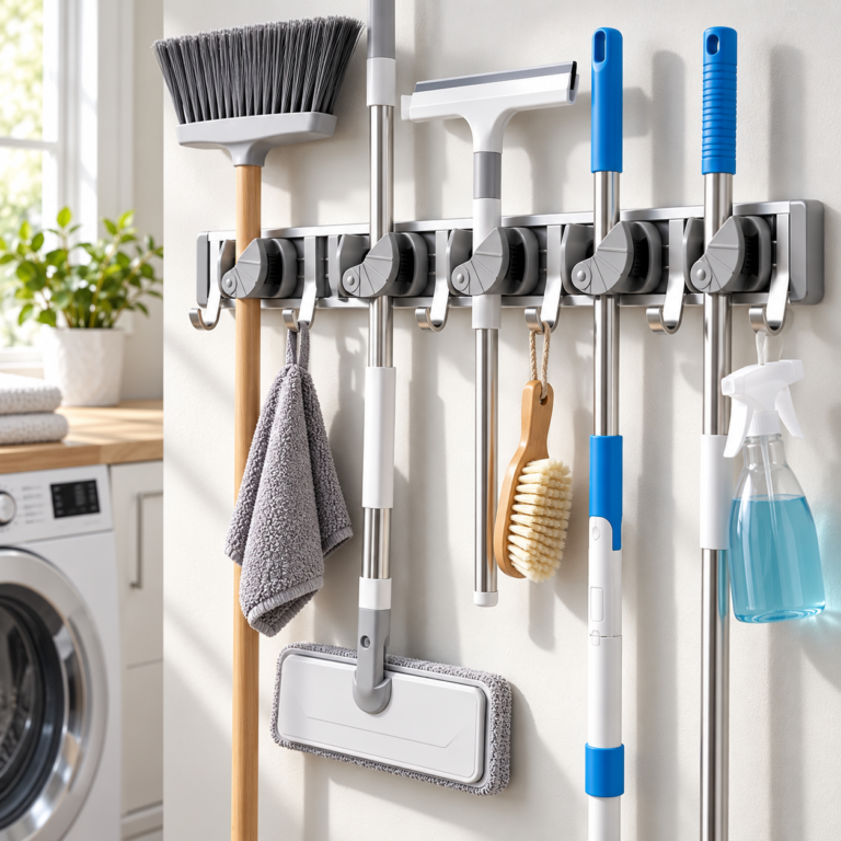 Broom Holder Wall Mount installed on a wall holding a broom, mop, squeegee, and cleaning accessories in a tidy laundry room.