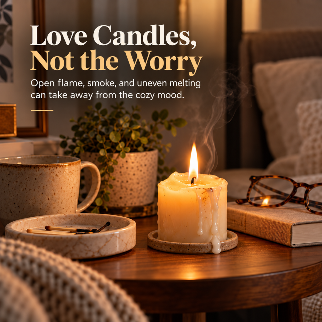 A lit candle on a side table with visible flame, melted wax, and a cozy room setting showing the usual candle concerns before switching to a warmer lamp.