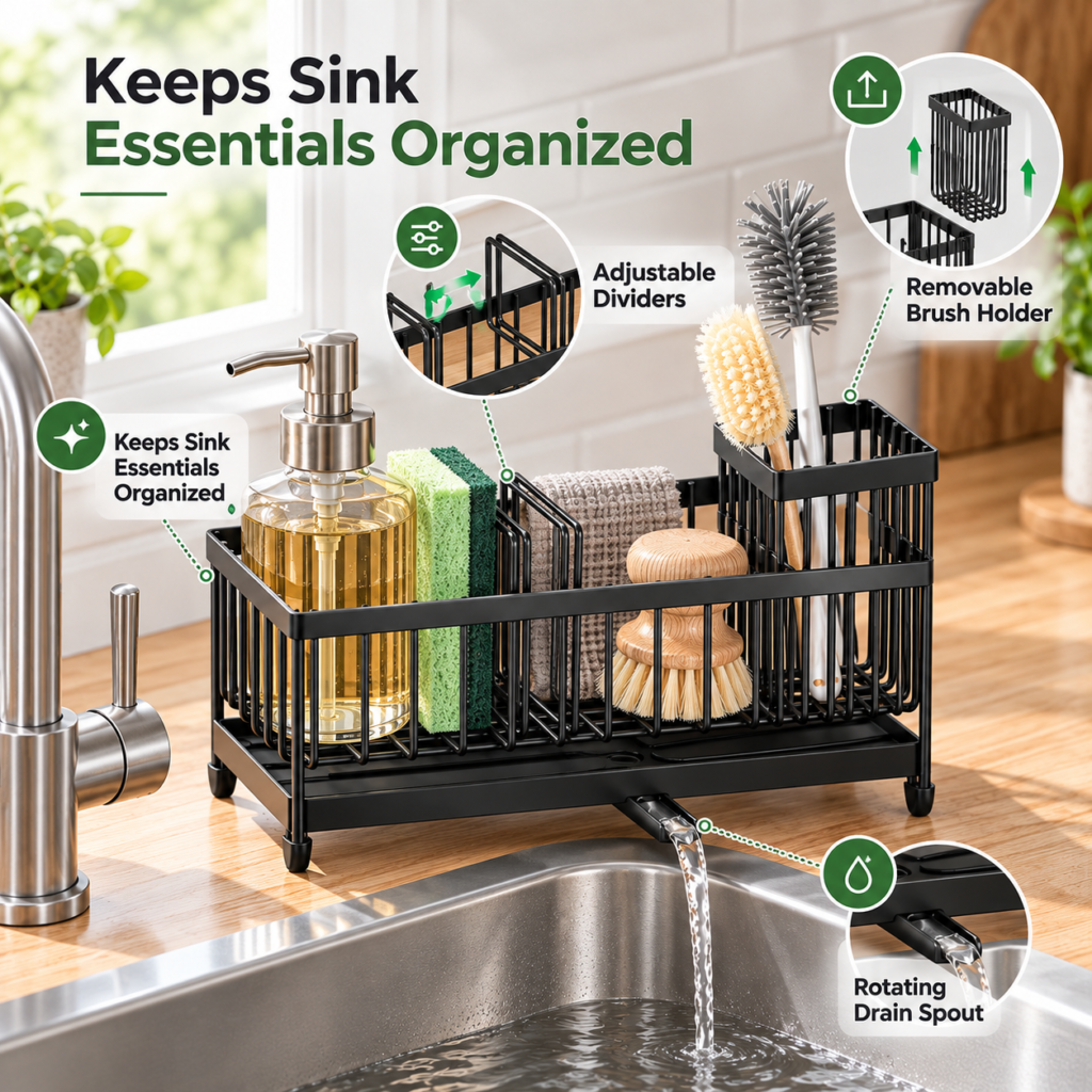 Infographic showing the Cisily Sink Caddy Organizer with adjustable dividers, removable brush holder, and rotating drain spout.