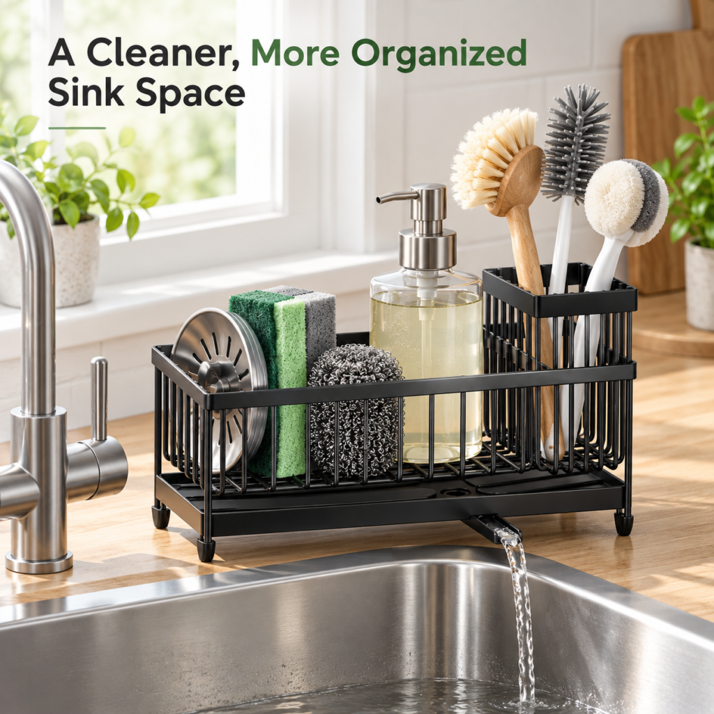 Cisily Sink Caddy Organizer holding a soap dispenser, sponges, scrubbers, and brushes beside a kitchen sink with the drain spout directing water into the sink.