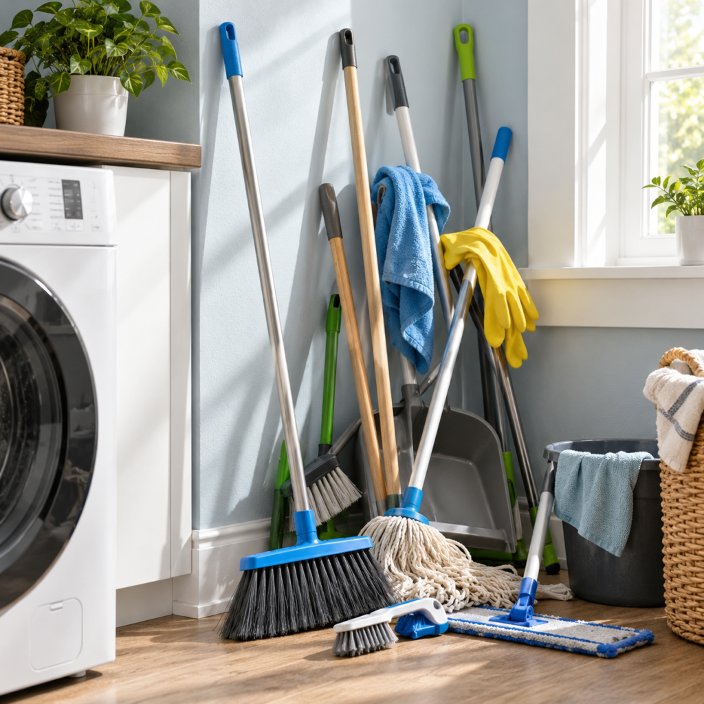 Brooms, mops, and other cleaning tools leaning in a corner near a laundry area before using a broom holder wall mount.