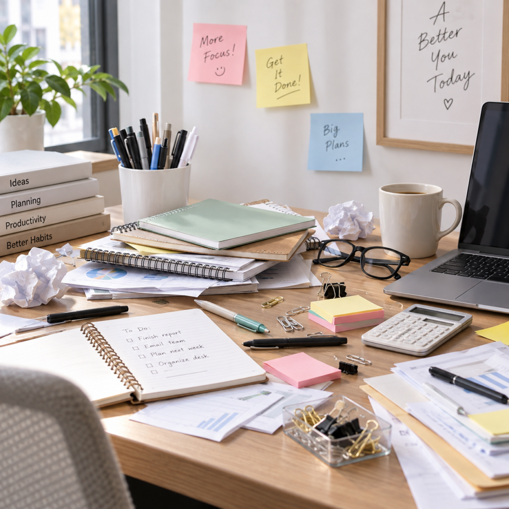 A cluttered desk with papers, notebooks, sticky notes and office supplies scattered before organizing the workspace.