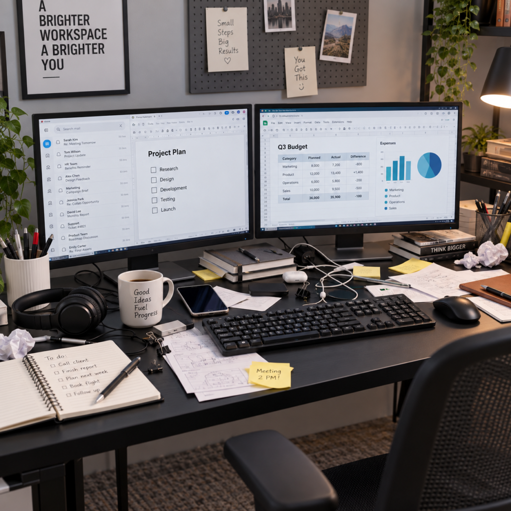 Home office desk with two monitors and office supplies spread across the surface before using a dual monitor stand riser for better organization.
