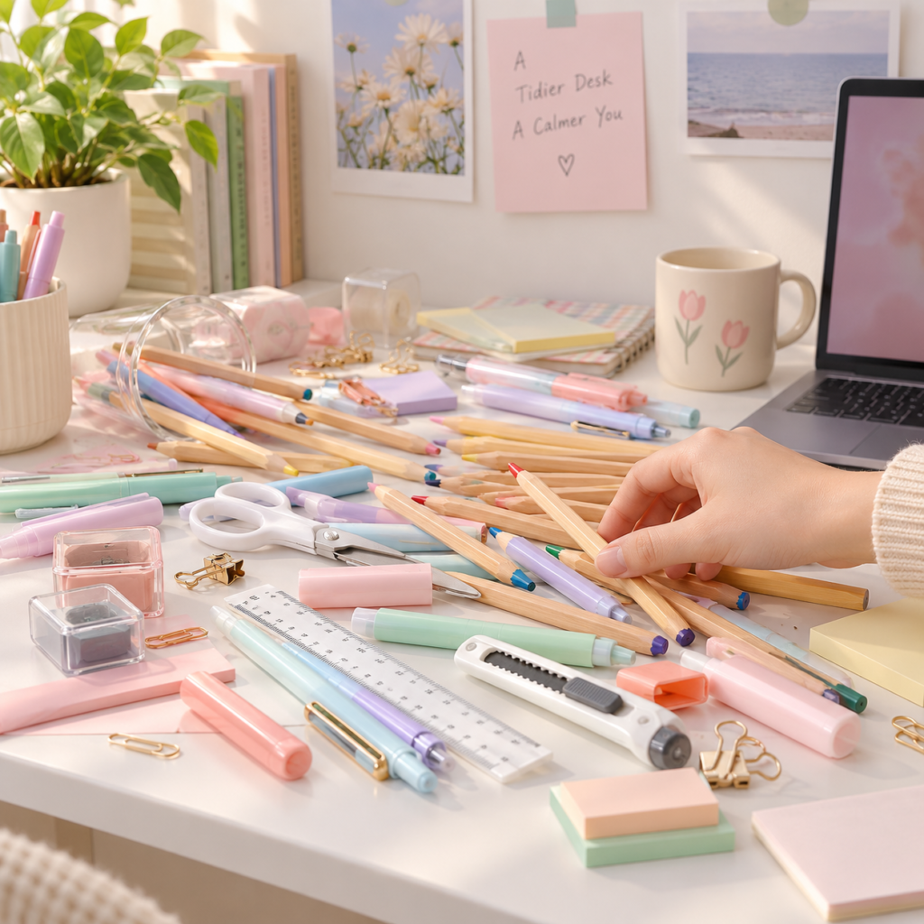 Pastel stationery scattered across a desk as a hand reaches for colored pencils beside a laptop.