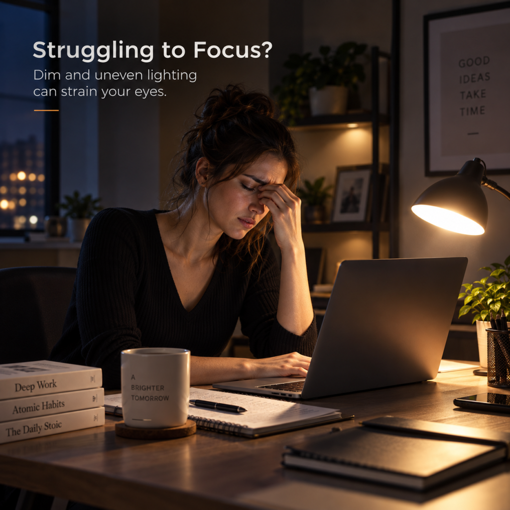 Woman rubbing her brow beside a laptop and a conventional desk lamp in a dim workspace.