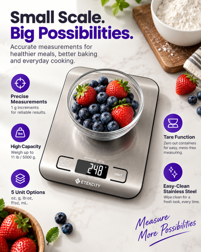 Feature infographic of the Etekcity EK6015 digital kitchen scale weighing berries, with tare, 11 lb capacity, five units and 1 g increments.