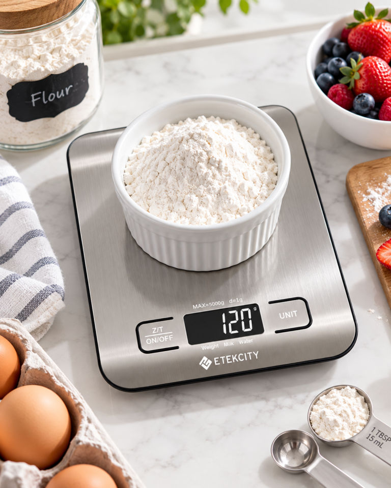 Etekcity EK6015 digital kitchen scale displaying grams while a white bowl of flour sits on its stainless steel platform.