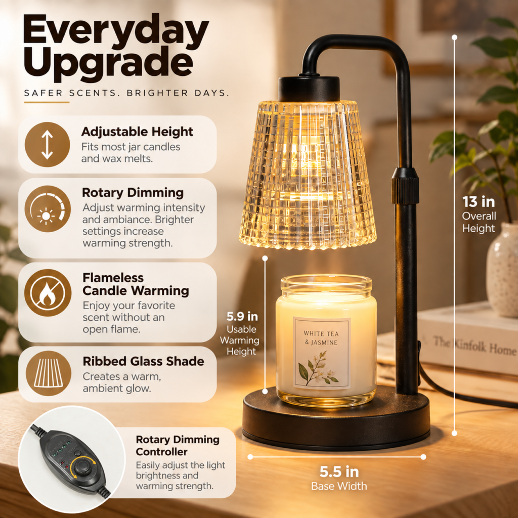 Infographic showing the GODONLIF Candle Warmer Lamp with adjustable height, rotary dimming, flameless candle warming, ribbed glass shade, and controller details.