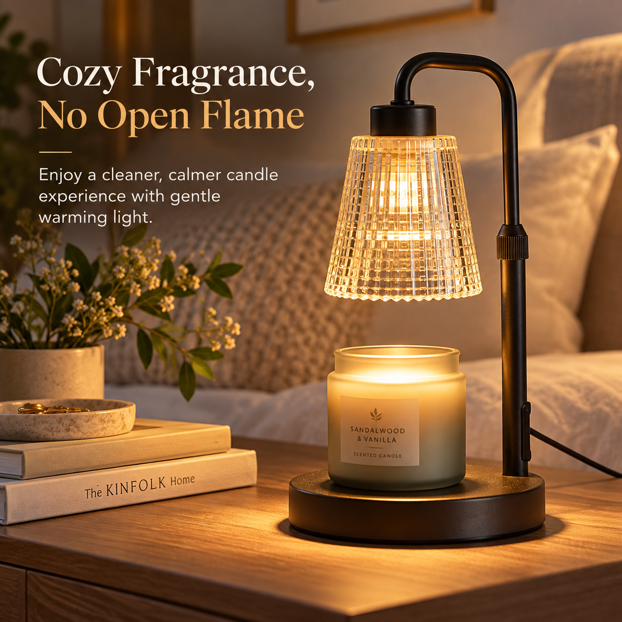 GODONLIF Candle Warmer Lamp warming a jar candle on a bedside table in a cozy room.
