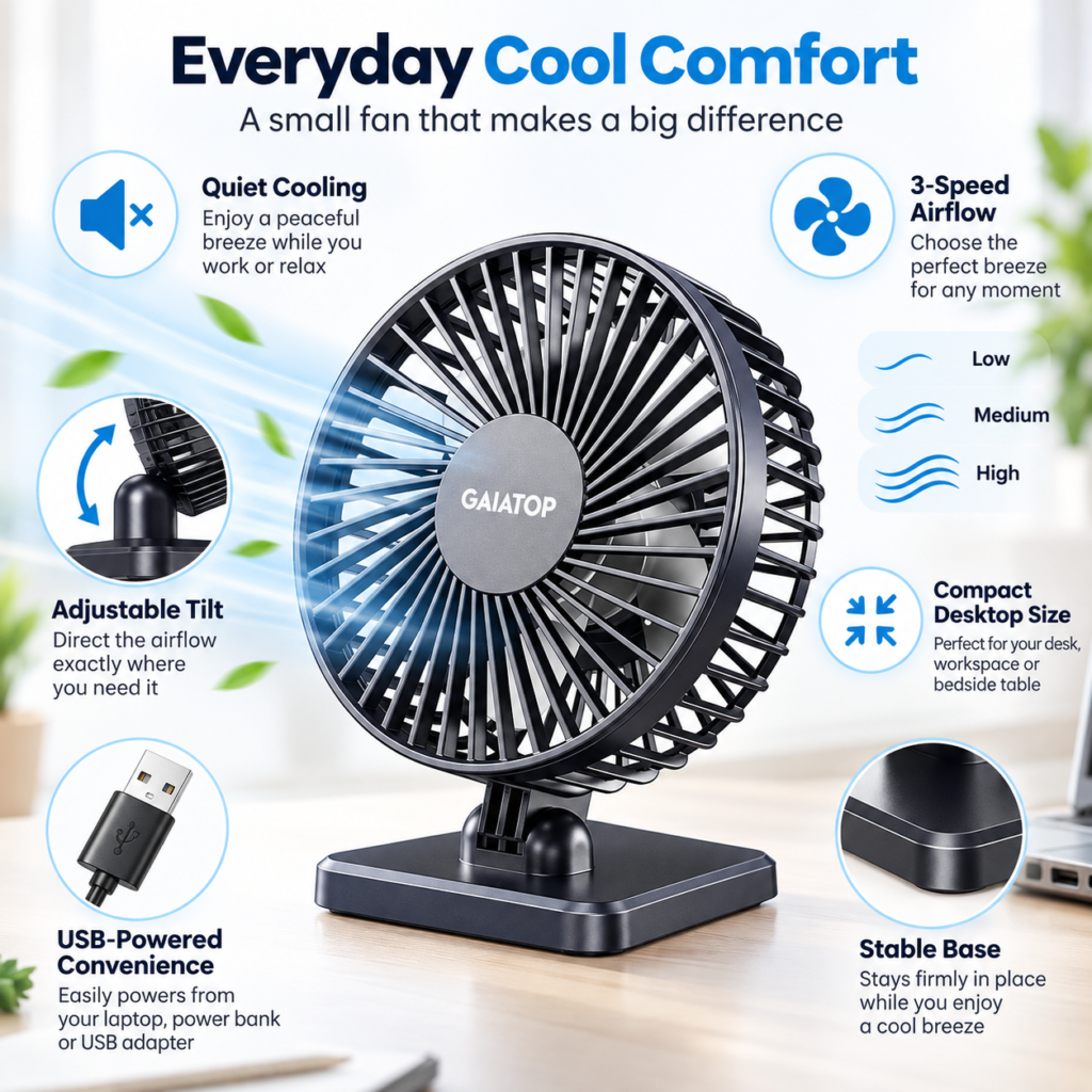 Gaiatop USB desk fan infographic with three speeds, adjustable tilt, USB power, compact tabletop size and stable base.