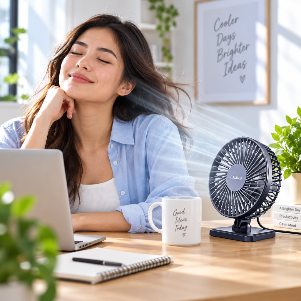 Gaiatop USB desk fan on a wooden desk beside a laptop as a woman enjoys a gentle breeze while working.