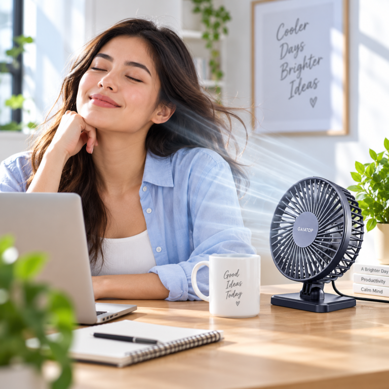 Gaiatop USB desk fan on a wooden desk beside a laptop as a woman enjoys a gentle breeze while working.