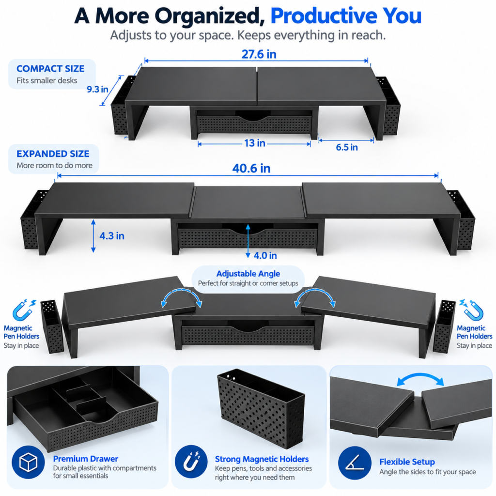 Infographic showing the Gianotter Dual Monitor Stand Riser with adjustable angle, center drawer, magnetic pen holders, and compact or expanded size options.