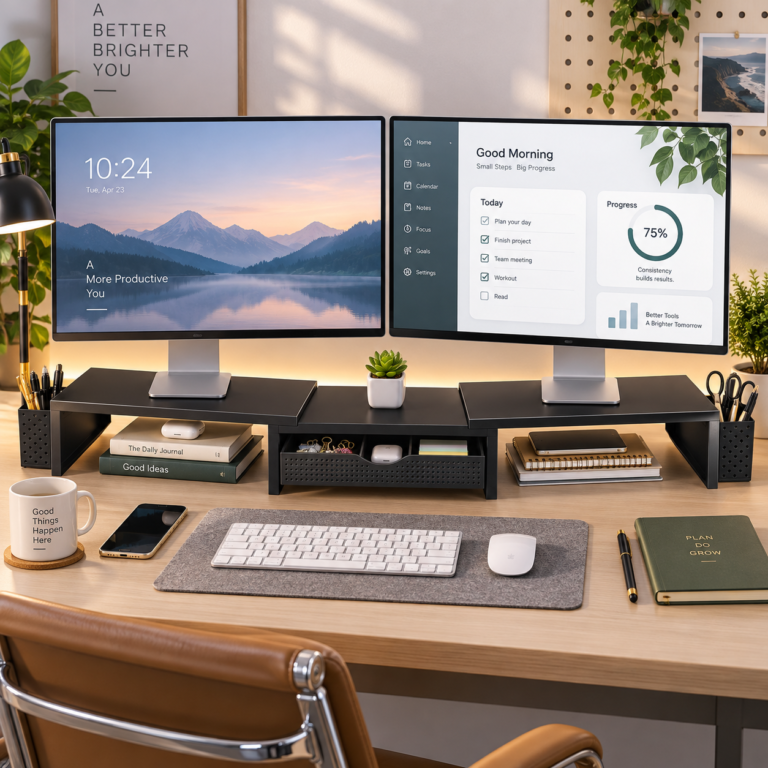 Gianotter Dual Monitor Stand Riser holding two monitors on a tidy desk with storage space underneath and a center drawer below the screens.
