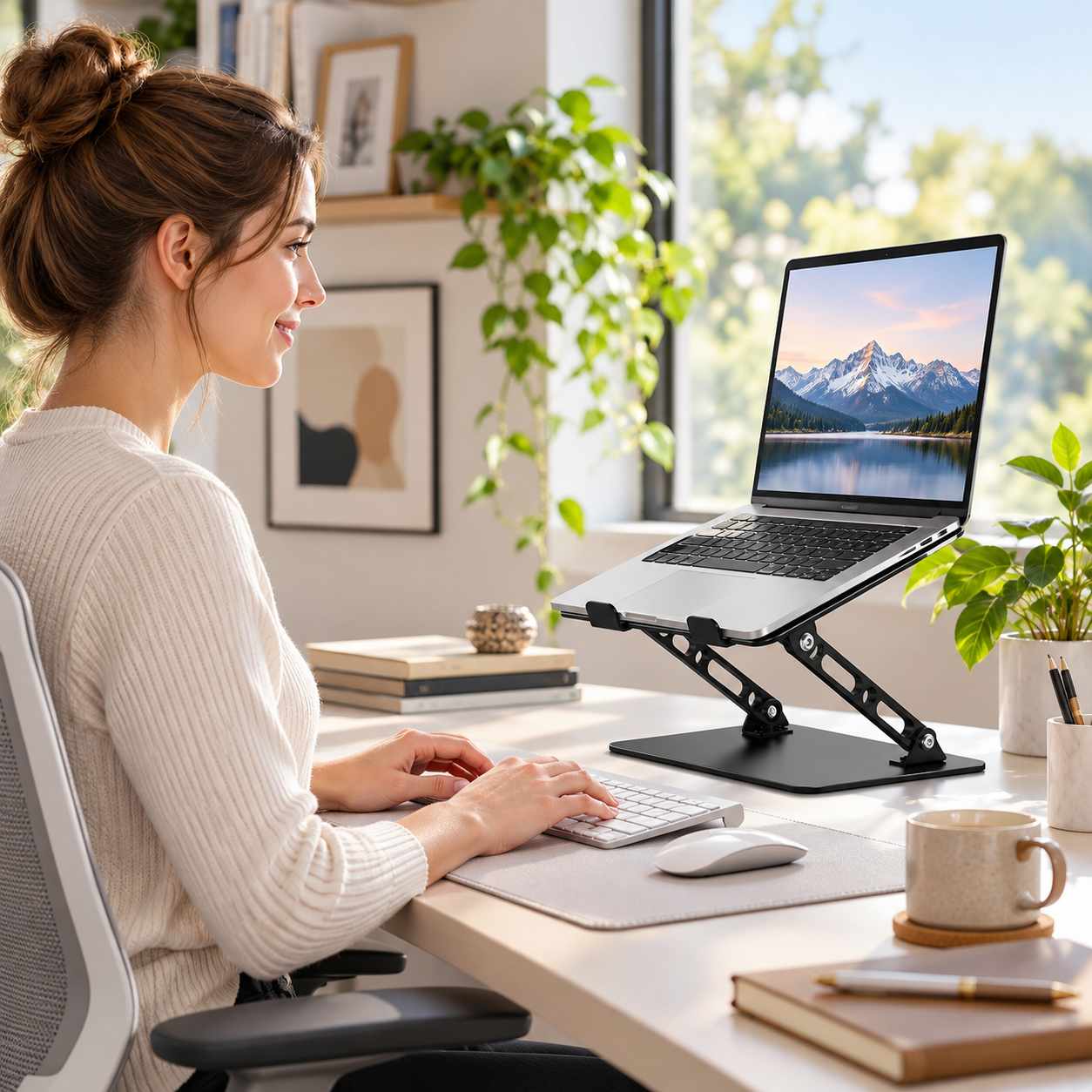 Woman working at a desk with a silver laptop raised on a black adjustable stand, using an external keyboard and mouse.
