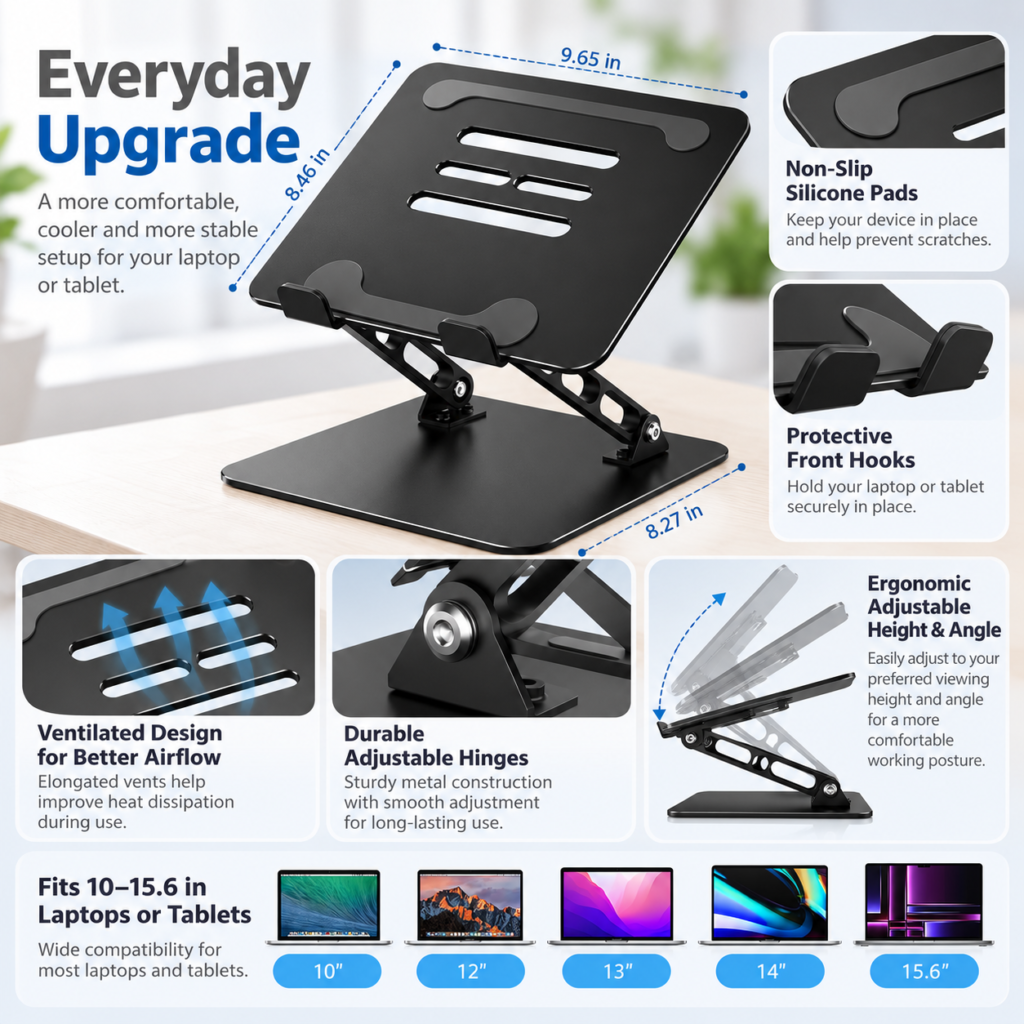 Infographic of a black adjustable laptop stand highlighting silicone pads, front hooks, ventilation slots, hinges and adjustable viewing angle.