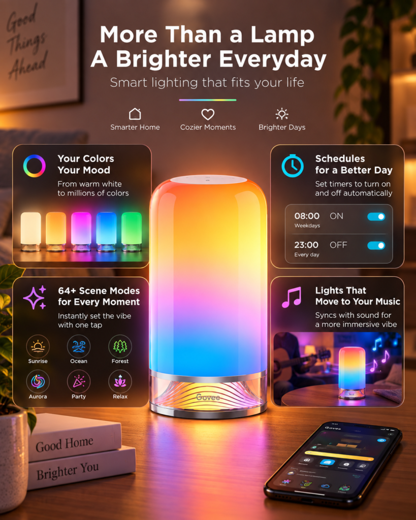 Infographic showing the Govee Table Lamp 2 with ambient-light features including color scenes, scheduling and music-sync functionality.