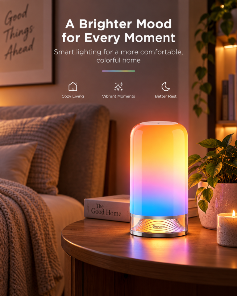 Govee Table Lamp 2 glowing in warm and cool gradient colors on a bedside table in a cozy evening room.