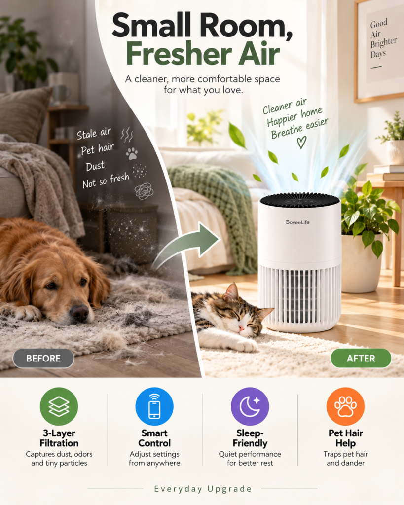 GoveeLife Smart Air Purifier Lite infographic showing 3-layer filtration, smart control, quiet sleep use and pet-home support.
