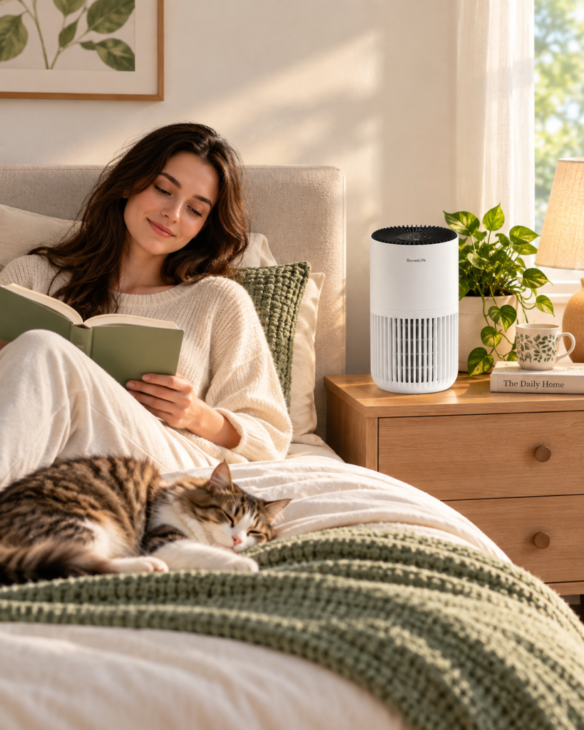 GoveeLife Smart Air Purifier Lite on a bedside table beside a woman reading with a cat resting on the bed.