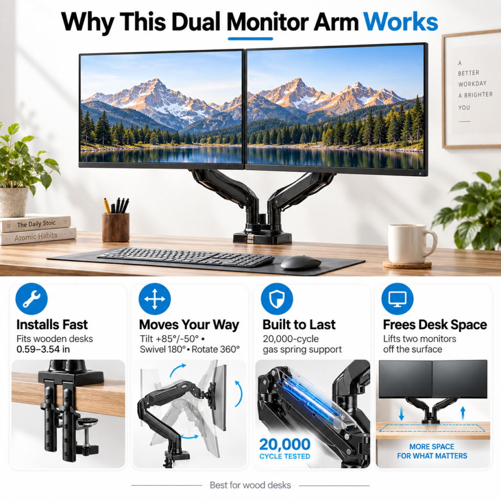 Infographic showing a dual monitor arm with panels about mounting, screen positioning and desk space.