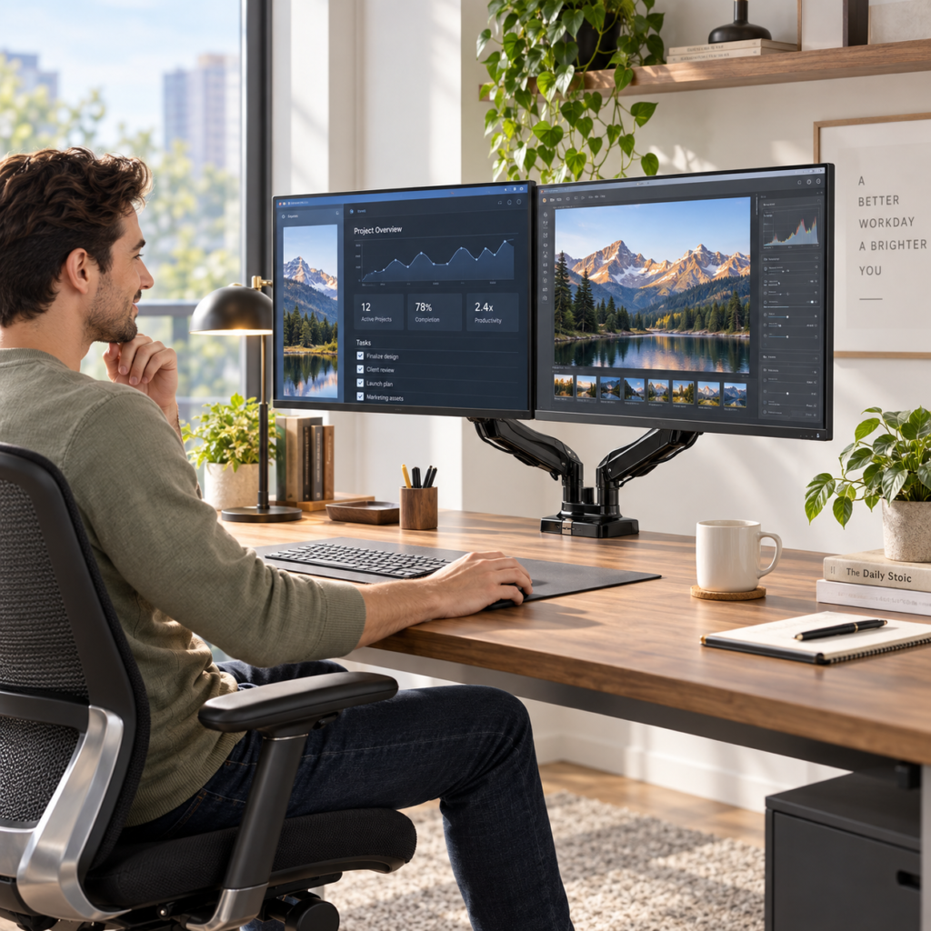 HUANUO HNDS6 dual monitor mount supporting two adjustable screens above a home office desk.