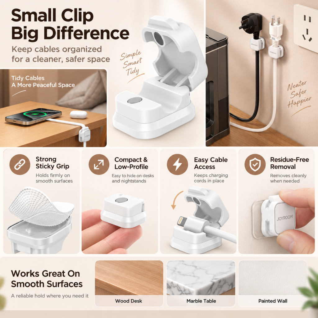 Infographic showing JOYROOM magnetic cable clips, adhesive pad detail, cable access and examples on smooth desk, marble and wall surfaces.