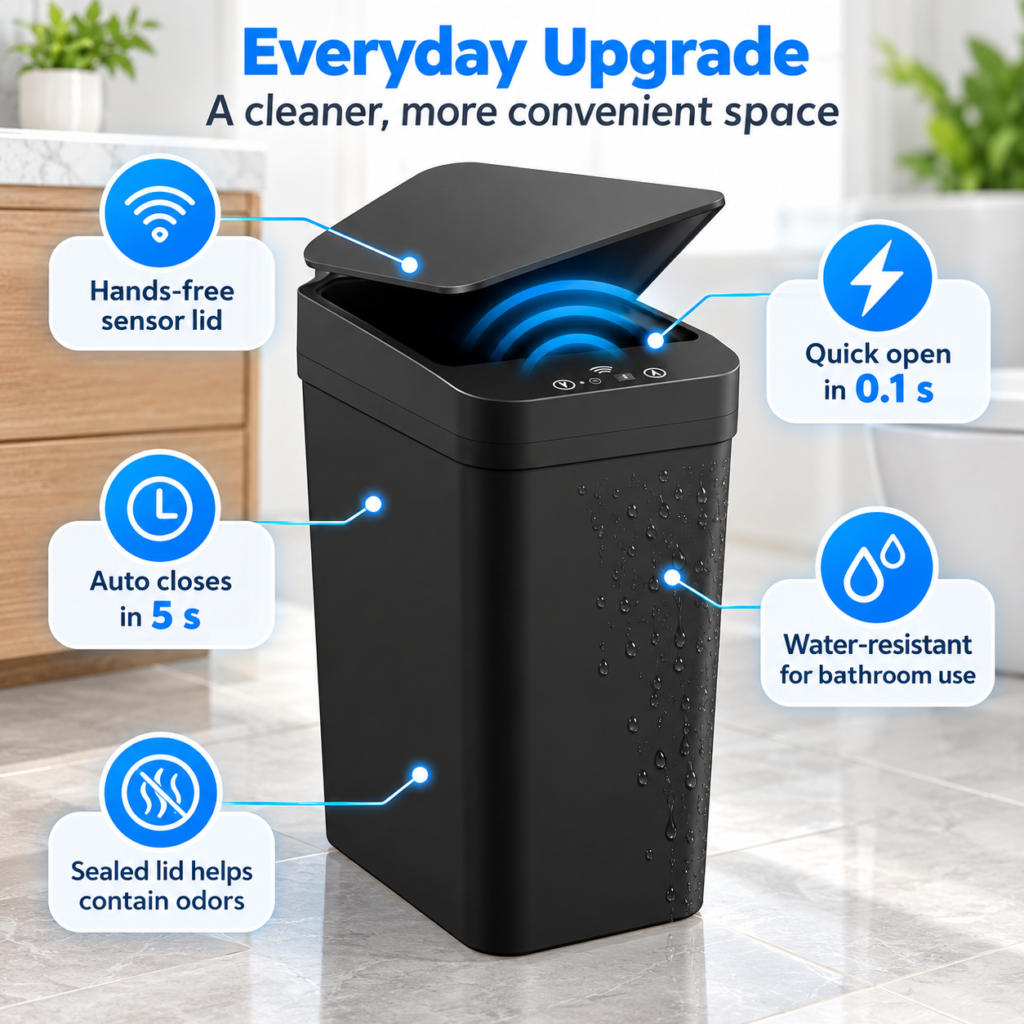 Feature infographic for the KOEYLE bathroom trash can with lid showing hands-free opening, 0.1-second response, five-second auto close, splash resistance and a fitted lid.
