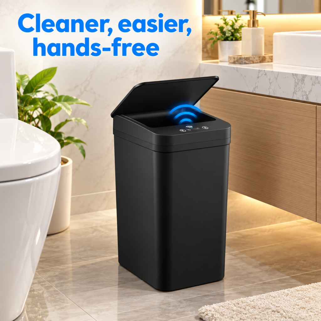 Slim black KOEYLE bathroom trash can with lid open in a clean modern bathroom beside a vanity.