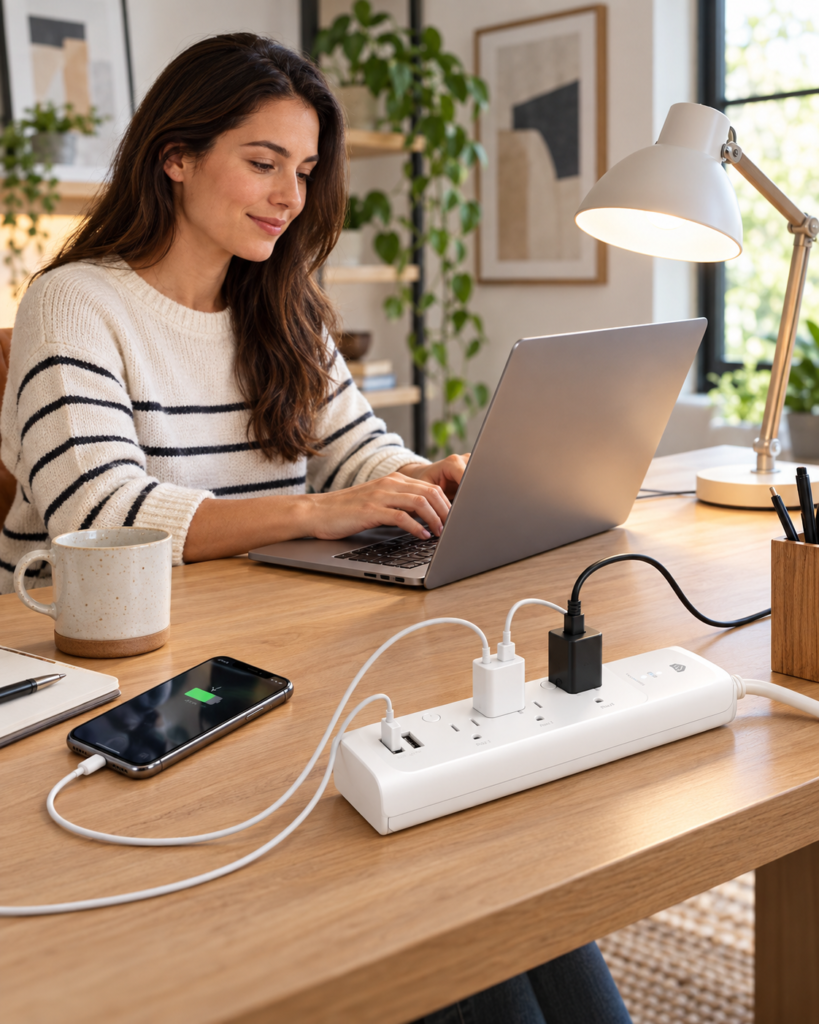 Kasa KP303 smart power strip on a wooden desk powering a laptop charger and phone in a clean workspace.
