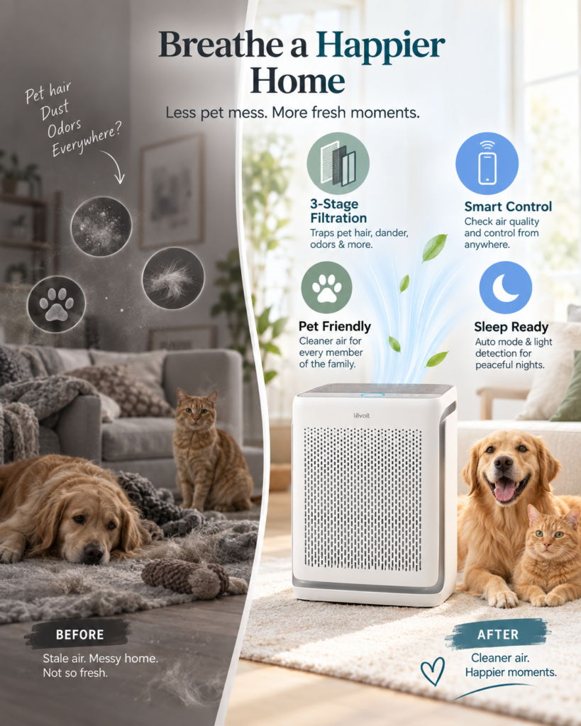 Infographic comparing before and after air quality with the Levoit Vital 200S-P, highlighting three-stage filtration, smart control, pet-friendly use, and sleep-ready features.