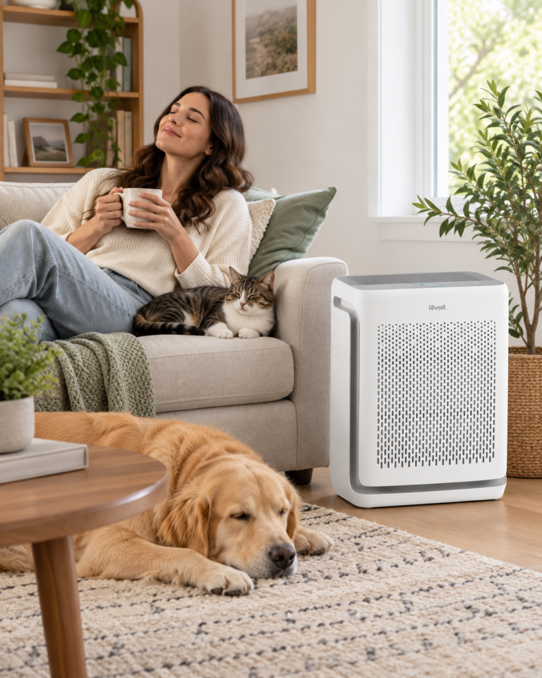Levoit Vital 200S-P air purifier beside a sofa with a resting dog, a cat, and a woman enjoying a quiet living room.