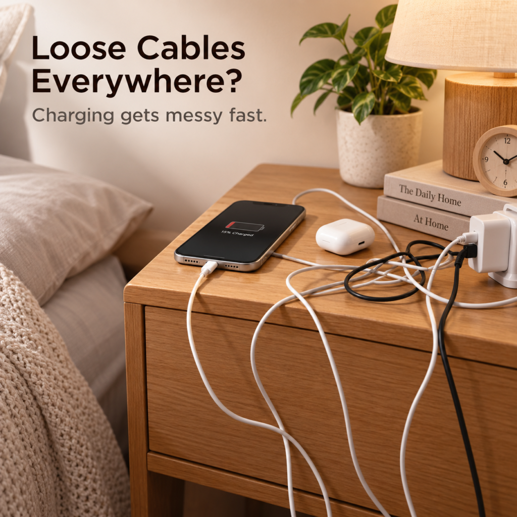 Loose charging cables tangled across a wooden nightstand beside a phone, charger and earbuds case.