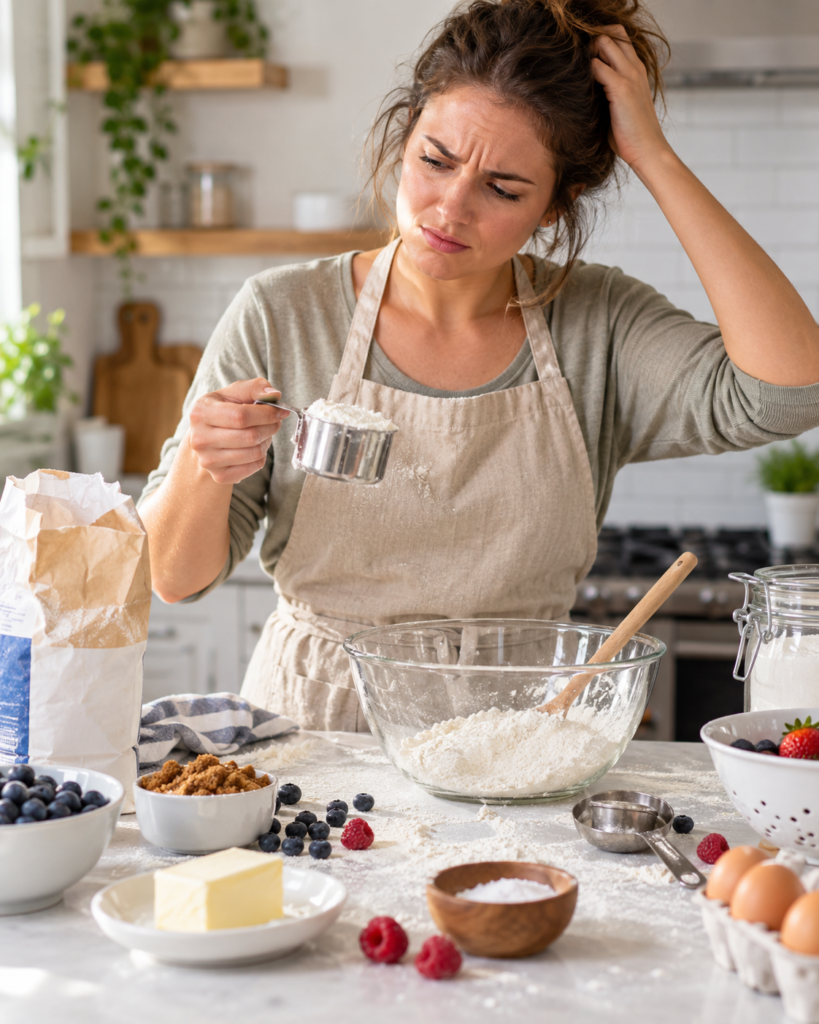 Home baker holding a cup of flour above a mixing bowl on a cluttered kitchen counter, without a digital scale.