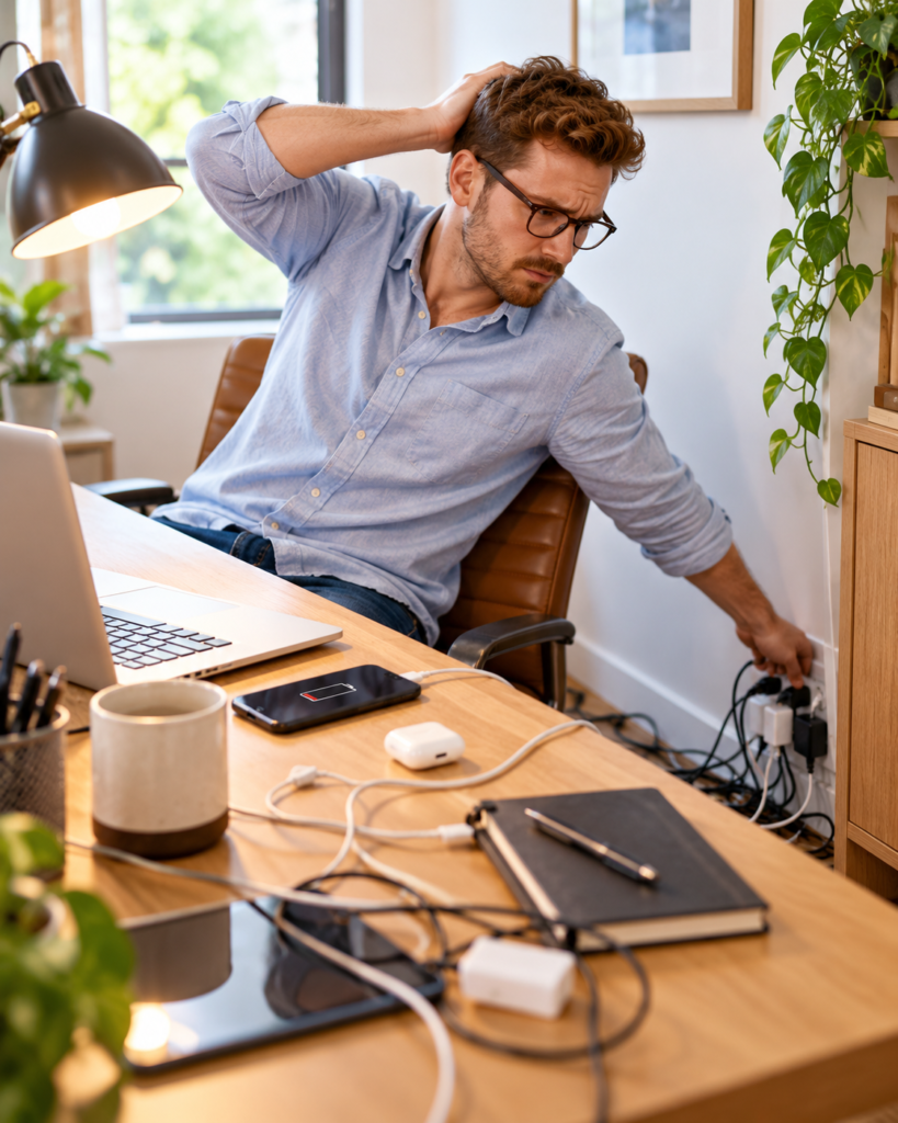 Man reaching toward a wall outlet behind a wooden desk with tangled charging cables, a laptop and a phone in a cluttered workspace.