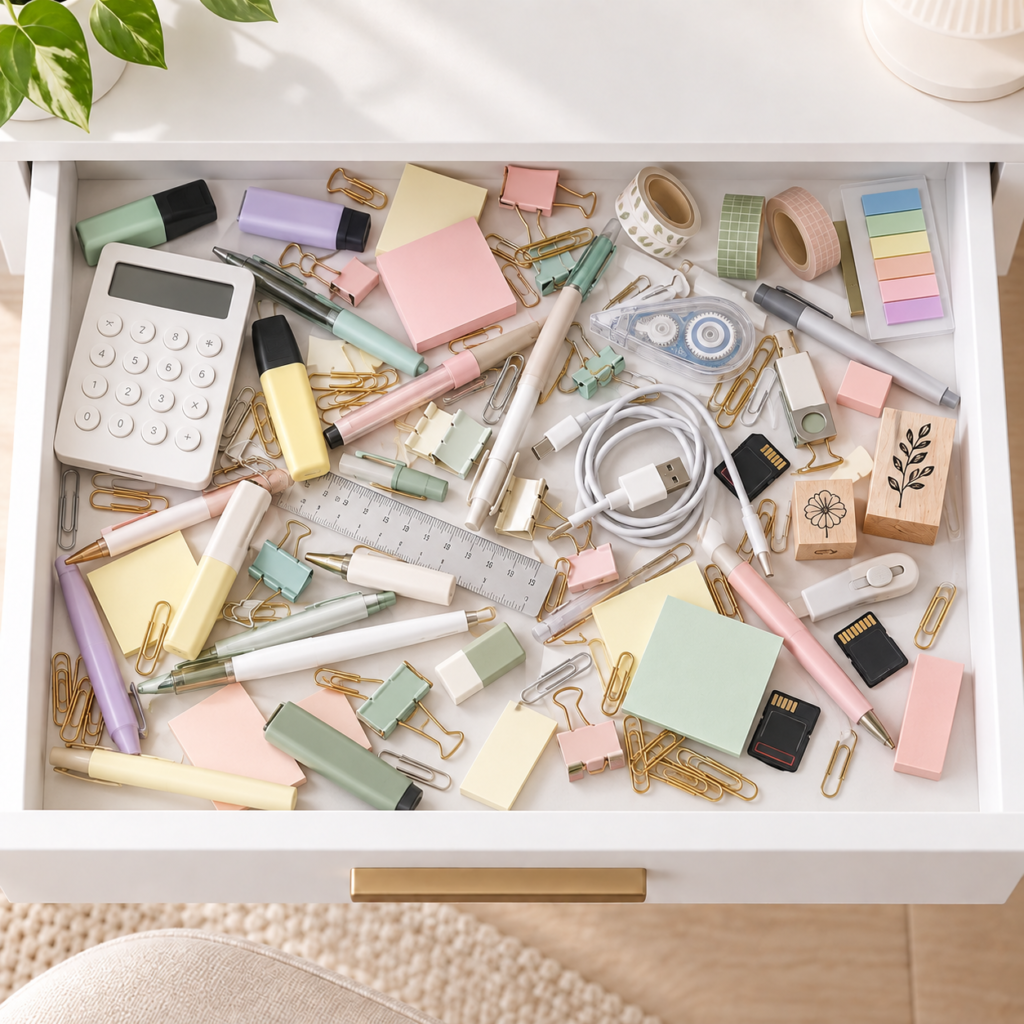 Cluttered white desk drawer filled with loose office supplies, cables and stationery before using organizer trays.