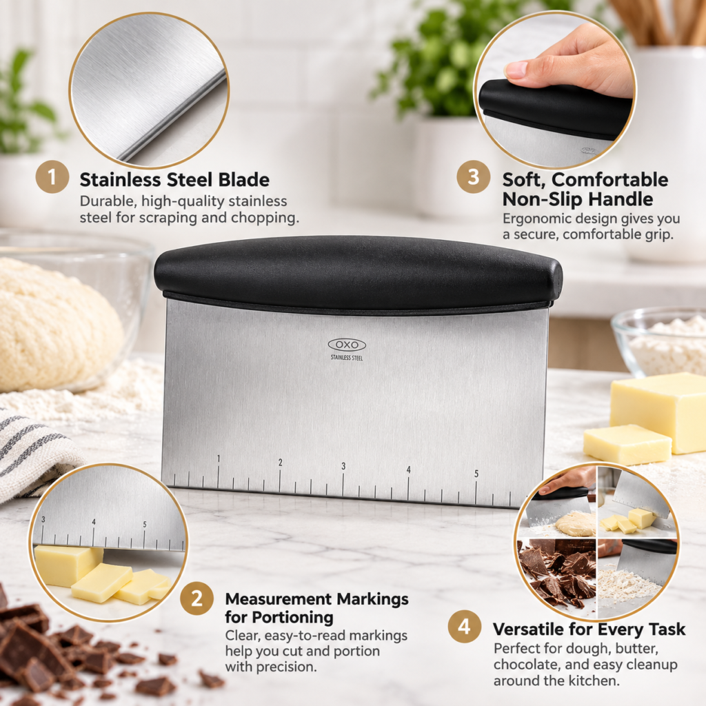 Infographic showing the OXO Good Grips Multi-Purpose Scraper & Chopper with stainless steel blade, measurement markings, non-slip handle and versatile kitchen uses.