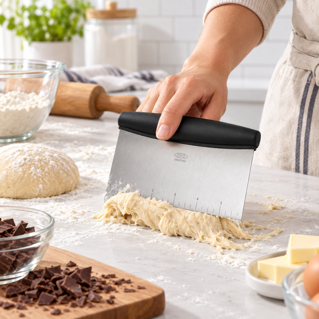 OXO Good Grips Multi-Purpose Scraper & Chopper scraping sticky dough on a floured countertop.