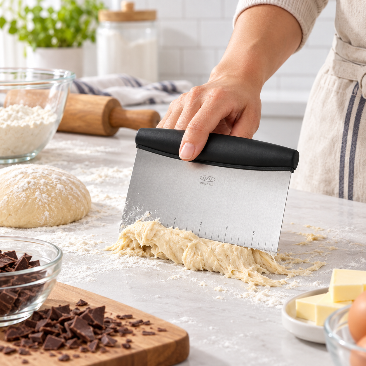 OXO Good Grips Multi-Purpose Scraper & Chopper scraping sticky dough on a floured countertop.