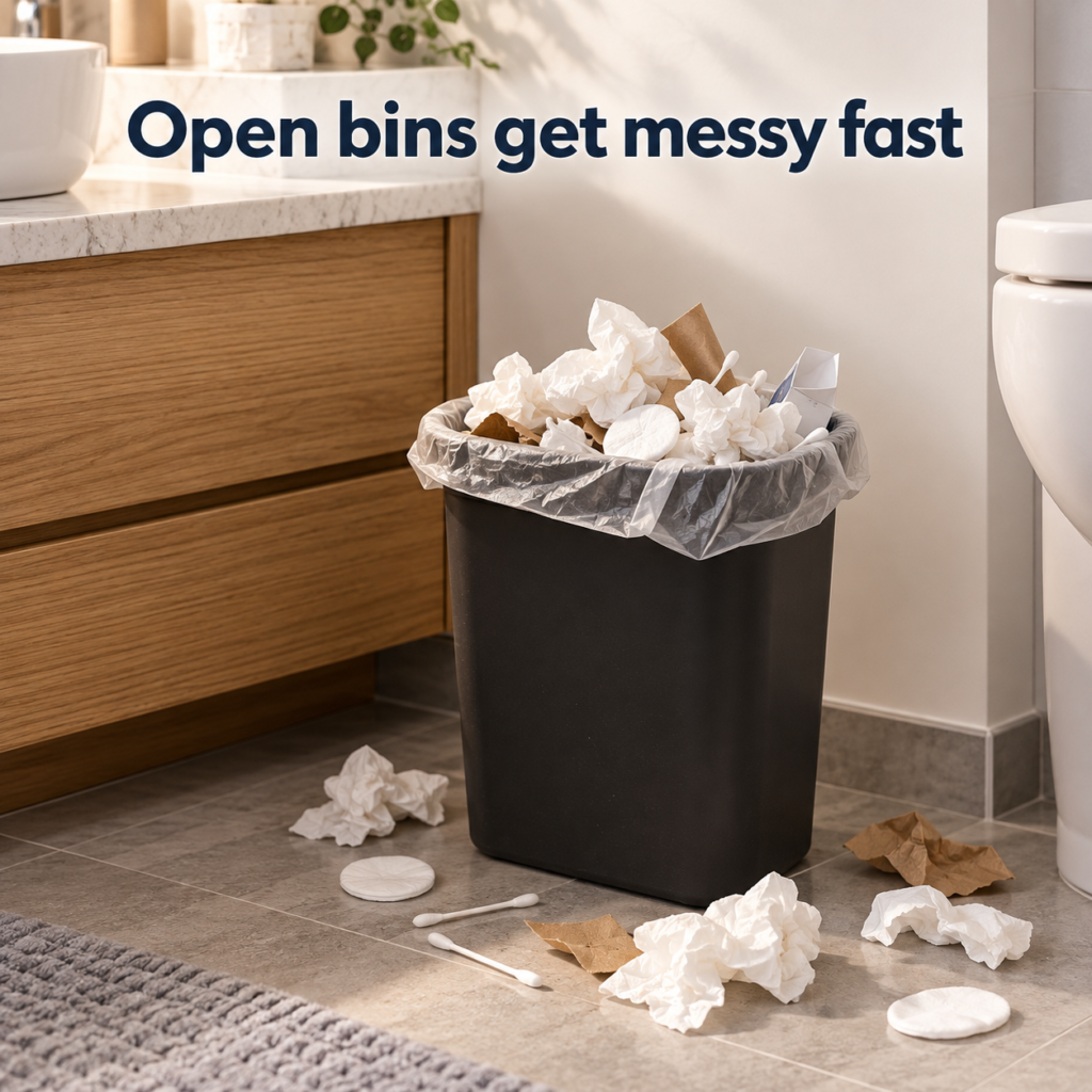 Open black bathroom waste bin overflowing with tissues and small trash on the floor beside a bathroom vanity.