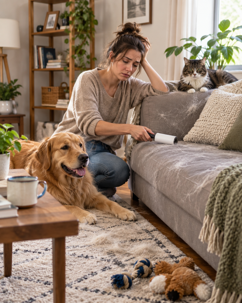 Pet owner using a lint roller on a fur-covered sofa while a dog and cat sit nearby in a living room.
