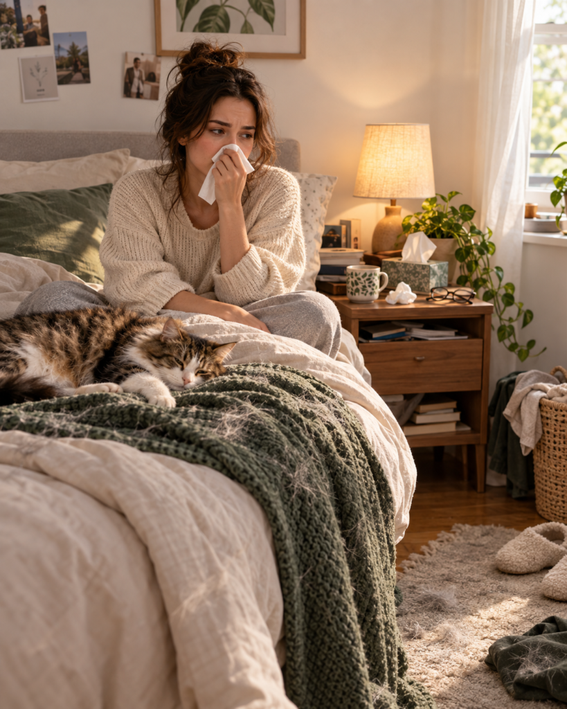 Bedroom with visible pet hair and a woman holding a tissue before using a small air purifier.